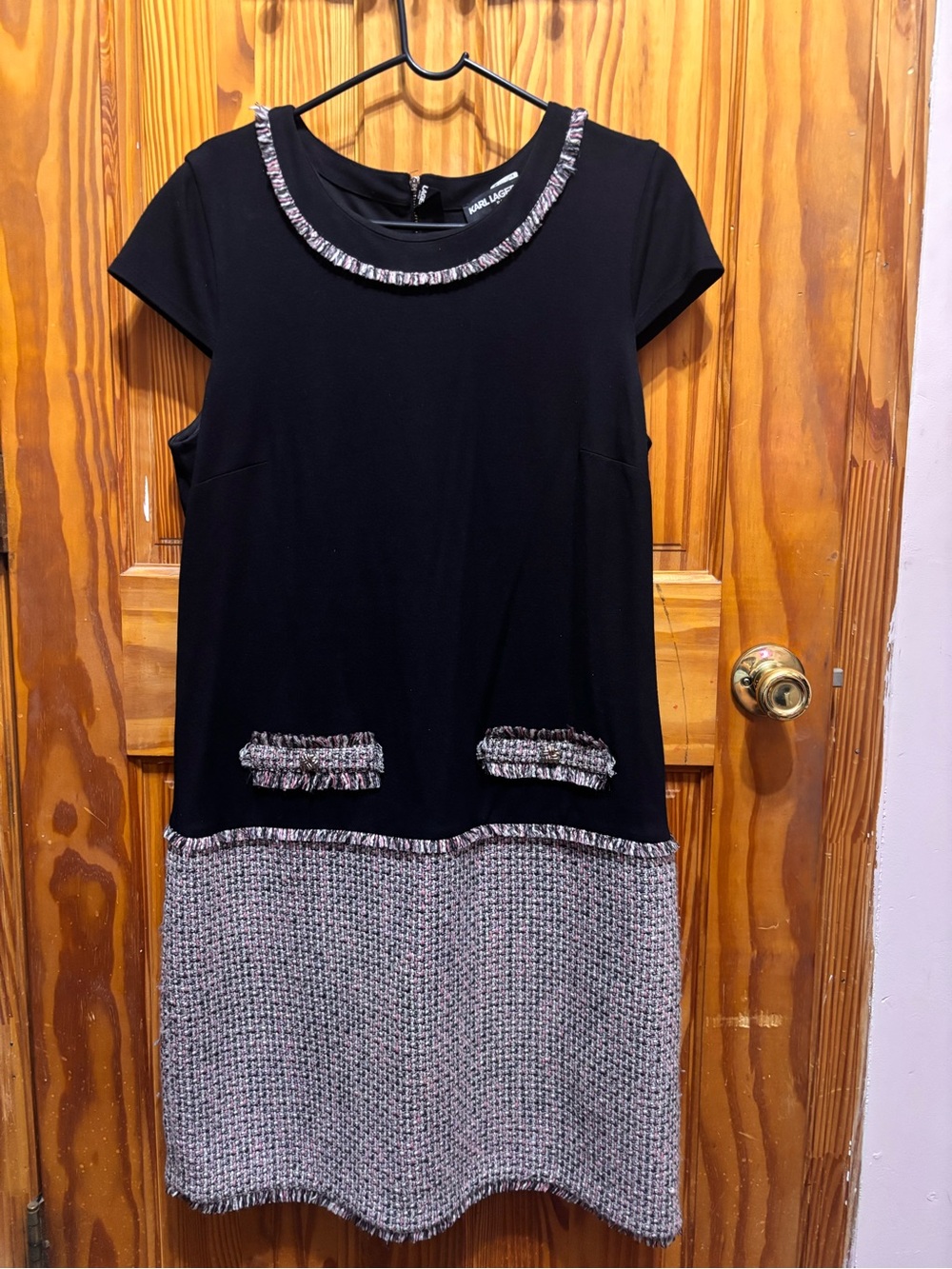 Karl Lagerfeld Black & Pink Tweed Midi Dress with Fringe Trim
